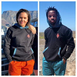 Ladies_Mens_Hoodies_Black_shweshwe_Africa_Made_Only_Cape_town_beach