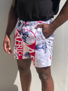 Pink and white africa print mens swim trunks