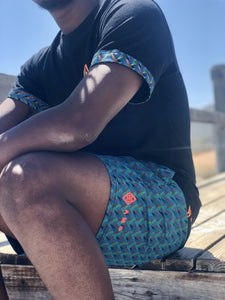 Africa_Made_Only_Green_Shweshwe_black_T_shirt_casual_shorts_8