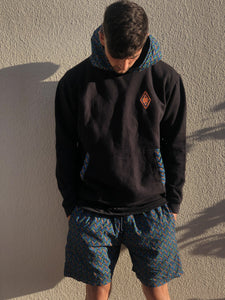 Disco Weave shweshwe fleece hoodie shorts black blue orange africa made only cape town south africa 1 
