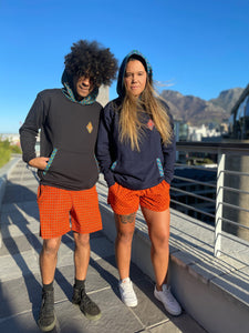 Mens_Ladies_Shweshwe_Black_Navy_Hoodies_Disco_Peacockl_Weave_Shorts_Orange_you_glad_Miss_Sunshine