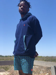 Africa_Made_Only_Green_Shweshwe_navy_Hoodie_casual_shorts