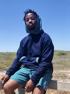 Africa_Made_Only_Green_Shweshwe_navy_Hoodie_casual_shorts