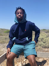 Africa_Made_Only_Green_Shweshwe_navy_Hoodie_casual_shorts