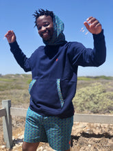 Africa_Made_Only_Green_Shweshwe_navy_Hoodie_casual_shorts