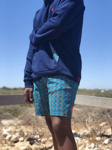 Africa_Made_Only_Green_Shweshwe_navy_Hoodie_casual_shorts