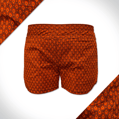 Orange Shweshwe ladies shorts with green shweshwe pattern
