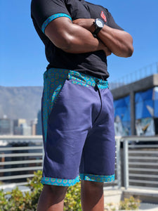 Blue and Green Shweshwe Golf Shorts and Black Shweshwe t shirt