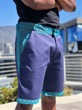 Blue and Green Shweshwe Golf Shorts and Black Shweshwe t shirt