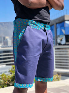 Blue and Green Shweshwe Golf Shorts and Black Shweshwe t shirt