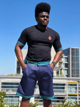 Blue and Green Shweshwe Golf Shorts and Black Shweshwe t shirt