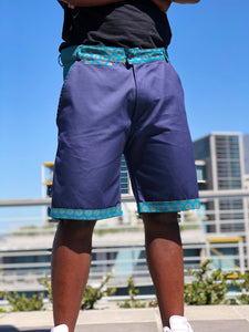 Blue and Green Shweshwe Golf Shorts and Black Shweshwe t shirt