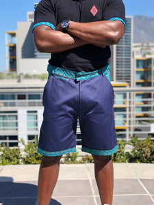 Blue and Green Shweshwe Golf Shorts and Black Shweshwe t shirt