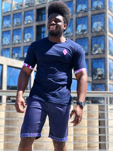 Blue Shweshwe Golf shorts Navy t shirt with africa print