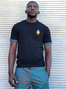 Shweshwe Teal swim shorts and black Shweshwe t shirt