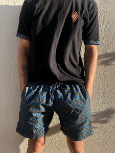 Disco Weave shweshwe cotton t shirt shorts black blue orange africa made only cape town south africa