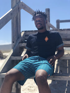 Africa_Made_Only_Green_Shweshwe_black_T_shirt_casual_shorts_