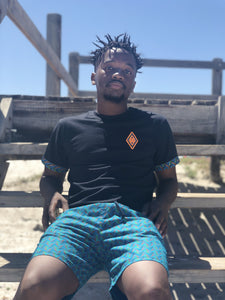 Africa_Made_Only_Green_Shweshwe_black_T_shirt_casual_shorts_