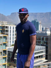 Blue t shirt with shweshwe and swim shorts