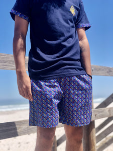 Africa_Made_Only_Purple_Shweshwe_Navy_T_shirt_casual_shorts