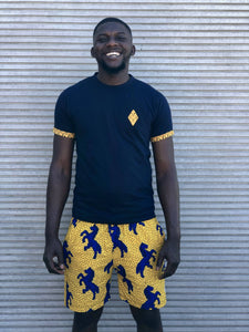 yellow shweshwe and navy t shirt with yellow wax print shorts