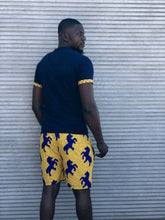yellow shweshwe and navy t shirt with yellow wax print beach shorts