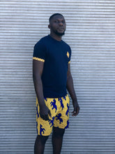 yellow shweshwe and navy t shirt with yellow wax print swim shorts