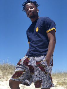 Africa_Made_Only_Yellow_Shweshwe_Navy_T_shirt_Fish_Shorts_