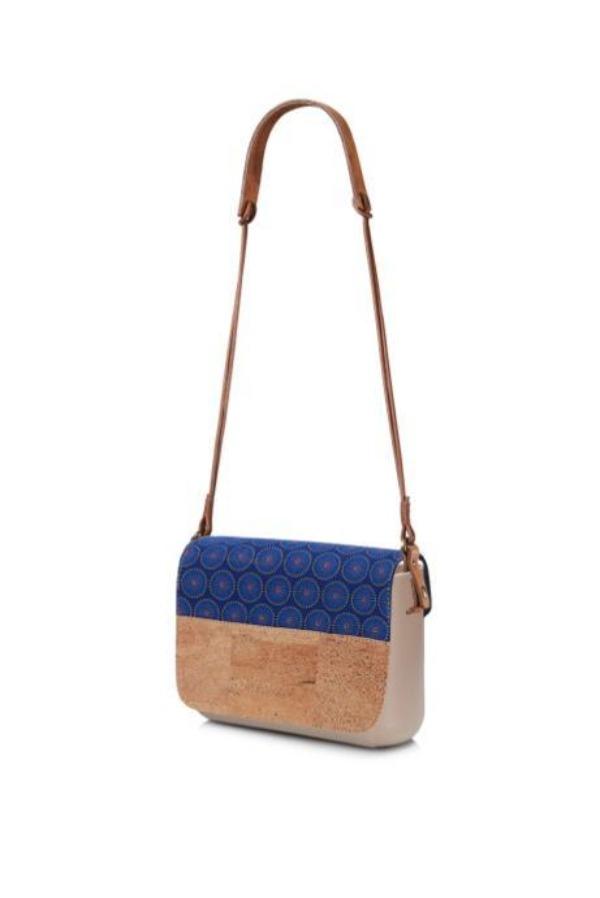 cork & shweshwe clutch bag blue and tan